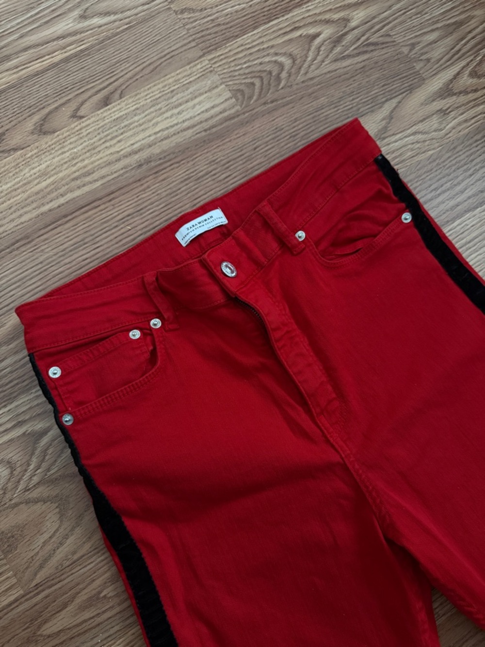 ZARA Red Skinny Jeans with Side Stripe High Waisted Stretch Pants - Picture 2 of 4